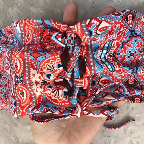 Trendy Bandeau Bikini Set Red Blue Print M & L - Picture 3 of 6